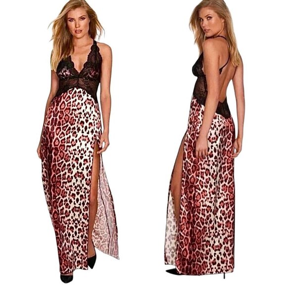 NWT Fredericks of Hollywood Satin Maxi Gown Sz.S Leopard Print Black Lace Sheer - Picture 1 of 10